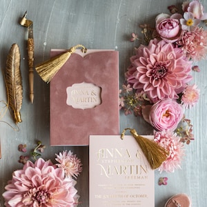 Luxury  Blush Pink Velvet Wedding Invitations, Gold Foil Wedding Invitation Suite, Elegant Golden Wedding Invites Tassel, Pocket  Crads