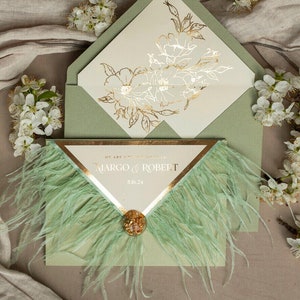 3 tri fold Luxury Sage green gold Wedding Invitations rsvp qr Elegant garden Wedding Cards Boho Golden Wedding Invites feathers brooch