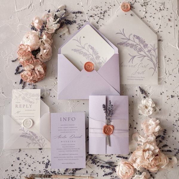 Elegant real Lavender Wedding Invitations, boho Lillac Stationery, Purple Wedding Invites with rsvp set, Provence France floral invitation