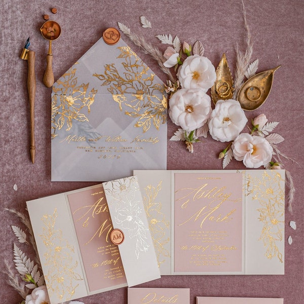 Custom Gold wedding invitation suite, Velvet Wedding Blush Invites, Glamour Wedding Invitations Suite of pcs
