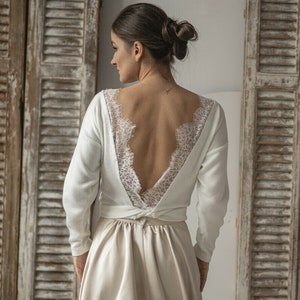 Off-white Wedding bolero, Backless with Lace, Long Sleeve Women's Wedding Shrug, Bridal Sweater Cover, Bridal Blouse,