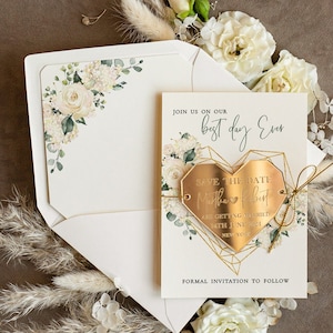Personalised Gold Acrylic heart Save the Date Magnet and Card Wedding Save The Dates Plexi Magnets Wedding Boho golden Save The Date Cards