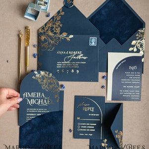 Velvet Wedding invitations  navy blue pocket, Elegant Arch Wedding Invitations, Gold Wedding Invitation Suite,  Luxury wedding Cards