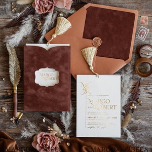 Terracotta Gold Wedding Invitation Set Velvet Luxury Fall Golden Wedding Invites Elegant Rust Wedding Crads Burnt Orange Wedding Invitations