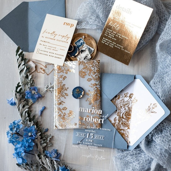 Maßgeschneiderte Acryl-Eisblau-Hochzeitseinladung, Glamour-Hochzeitseinladungen in Staubblau, moderne Plexi-Hochzeitseinladungs-Reihe, Glam-Hochzeitskarten