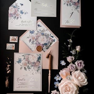 Elegant Vintage Wedding Invitations rsvp set, Classic Luxury Wedding Stationery Silver Foil, Boho Wedding Cards Suite, Blush pink Dusty Blue