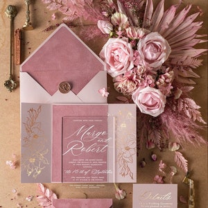 Sale Clear Acrylic Blush Wedding Invitations, Luxury Wedding Invitation Suite, Elegant Pink Blush Gold Wedding Invites Cards With Wax Seal