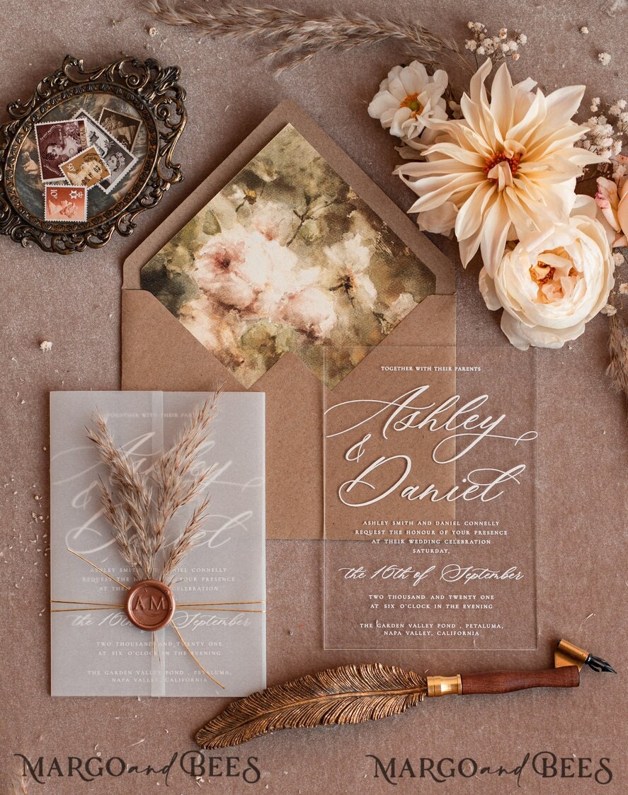 Fine Art Acrylic Wedding Invitation Real Pampas Grass Floral Wedding Invitation boho Provence Invitation Neutral beige