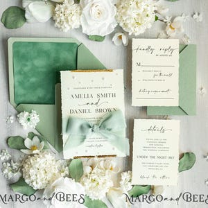 Sage Green Chiffon bow beaded bespoke Elegant Greenery Gold Wedding Invitation Suite, White Perls Golden Wedding Cards, deckled edges