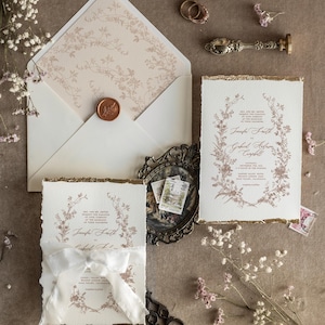 Deckled Edge Wedding Invitations Beige with Gold – Fine Art Floral Wreath Invitation Suite image 5