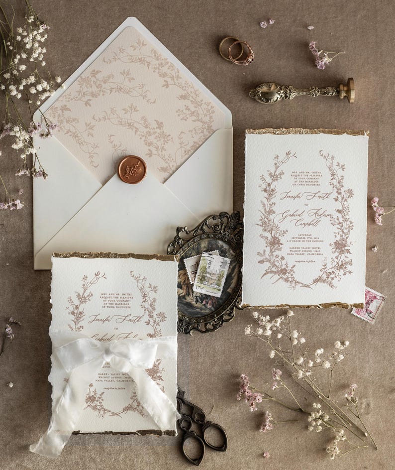 Deckled Edge Wedding Invitations Beige with Gold – Fine Art Floral Wreath Invitation Suite image 5
