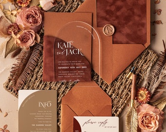 Arch Acrylic Wedding Invitations, Luxury Terracotta Wedding Invites Velvet Pocket, Romantic Elegant Acrylic Suite Wedding Crads Burnt Orange