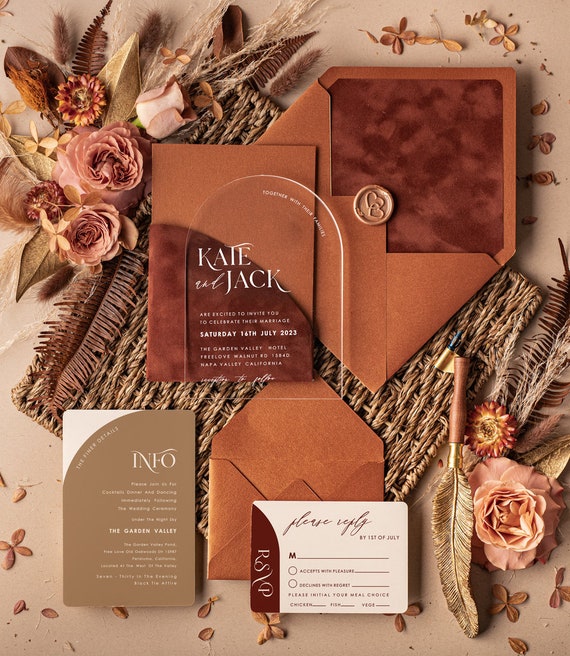 Arch Acrylic Wedding Invitations, Luxury Terracotta Wedding Invites Velvet  Pocket, Romantic Elegant Acrylic Suite Wedding Crads Burnt Orange 