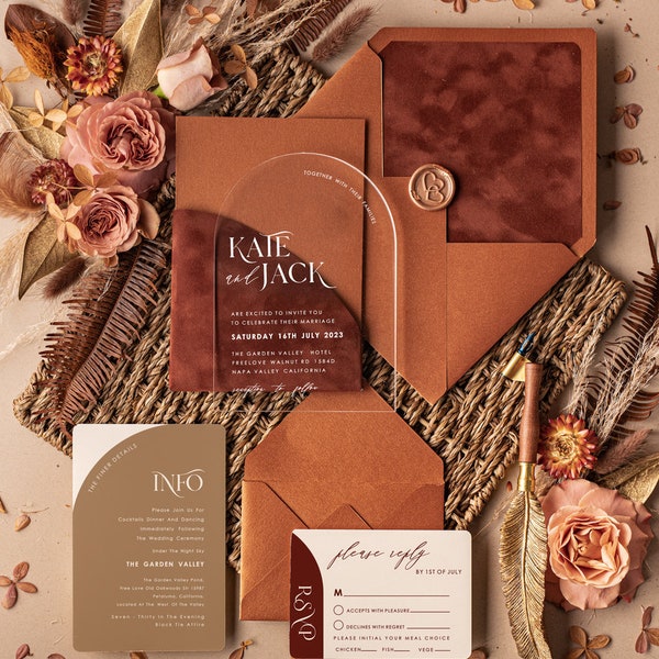 Arch Acrylic Wedding Invitations, Luxury Terracotta Wedding Invites Velvet Pocket, Romantic Elegant Acrylic Suite Wedding Crads Burnt Orange