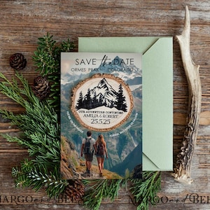 Magnete rustico "Save the Date" e biglietti con foto Montagne "Save Our Date" Magneti in legno per salvare le date Fetta di legno All'aria aperta Avventuroso