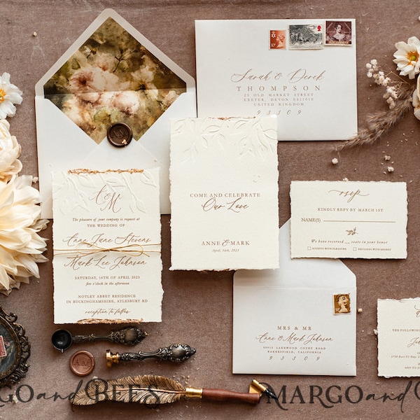 Embossed Ivory Gold Wedding Invitation, Floral Wedding Invitation, Tuscany Italian Invitation suite,Wreath Monogram wedding invitation suite