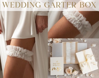 wedding garter set in box, tulle & perals garter set, garter for bride, bridal shower gift for bride, ivory tulle garter set
