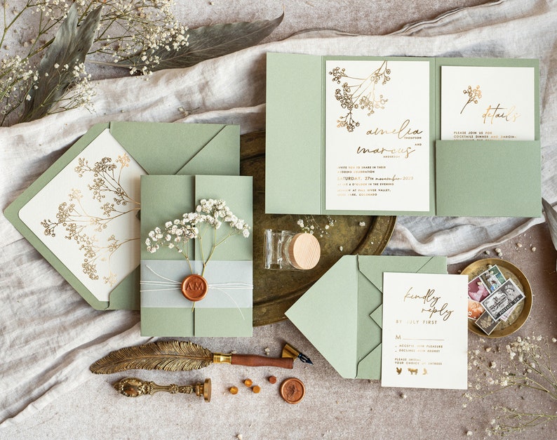 Elegant gold wedding inviation set, Natural baby breath flower wedding invitation suite Minimalistic golden sage green wedding set with rsvp image 2