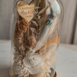 Geschenkschachtel für Geld Geldgeschenk zur Hochzeit mit Strauß aus Trockenblumen personalisiert Geschenk für Brautpaar Reagenzglas für Geld