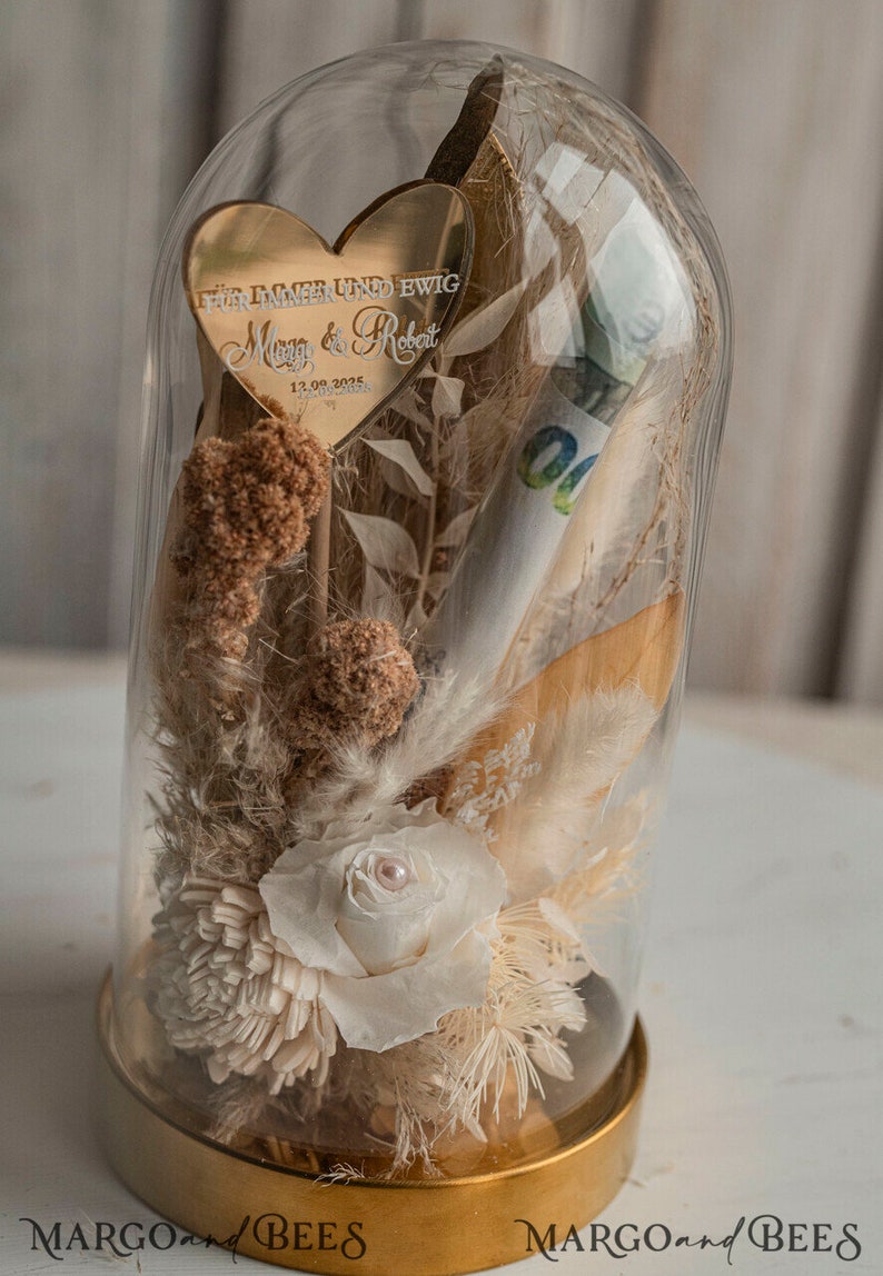 Geschenkschachtel für Geld Geldgeschenk zur Hochzeit mit Strauß aus Trockenblumen personalisiert Geschenk für Brautpaar Reagenzglas für Geld