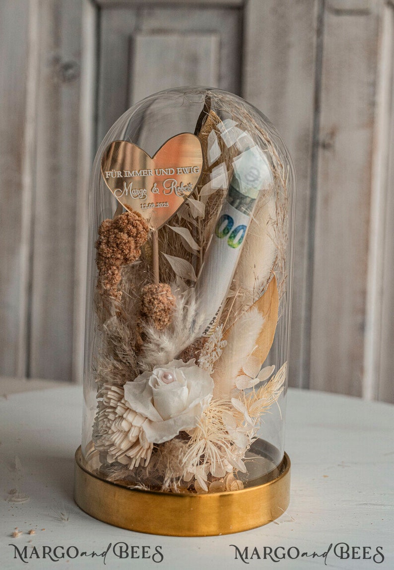 Geschenkschachtel für Geld Geldgeschenk zur Hochzeit mit Strauß aus Trockenblumen personalisiert Geschenk für Brautpaar Reagenzglas für Geld