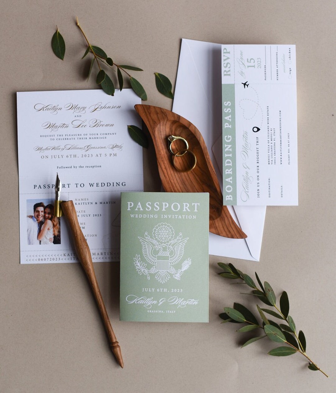 Sage Green Passport Wedding Invitation, Travel Cards Boarding Pass