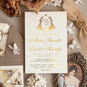 Vintage Baroque Wedding Invitation suite Beige Golden Wedding Invitations Victorian wedding crest Chinoiserie Invites Royal Ornamental frame image 9