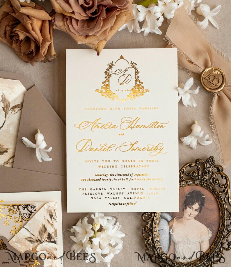 Vintage Baroque Wedding Invitation suite Beige Golden Wedding Invitations Victorian wedding crest Chinoiserie Invites Royal Ornamental frame image 9