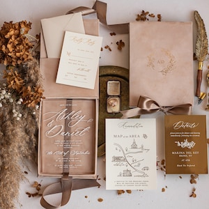 Beige Velvet wedding invitation box, Glamour Beige Velvet Wedding Invitation Suite, Gold Foil Wedding Stationery, Clear acrylic Set