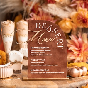 Terrakotta Samt Bogen Dessert Menü, Rost Gold Candy Schild, Gold Plexi Tisch Bogen Kuchen Bar Menü, Gebrannte Orange Hochzeitstischdekoration, TrcS
