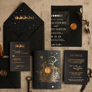 Faire-part de mariage or Halloween, faire-part en acrylique noir et or, cartes d'invitation de mariage tarot lune, ensemble de mariage squelette doré