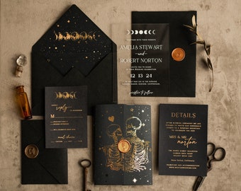 Halloween Gold Wedding Invitations, Black and Gold Acrylic Invitation set, Moon Tarot Wedding Invitation Cards, Gold Skeleton Wedding Set