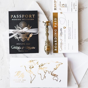 Gold Passport Travel Hochzeitseinladung, Hochzeit im Ausland Karten Bording Pass, Plane Ticket Tag Einladungen, Ziel Schwarze Hochzeitskarten