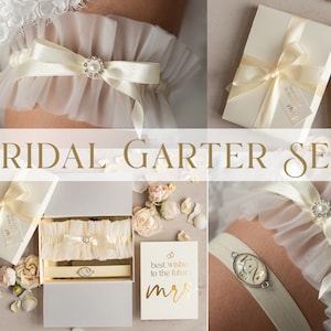 Set van twee gartes, gepersonaliseerde bruiloft kousenband in een doos, vintage kousenband set, kousenband voor bruid, bruidsdouche cadeau voor bruid