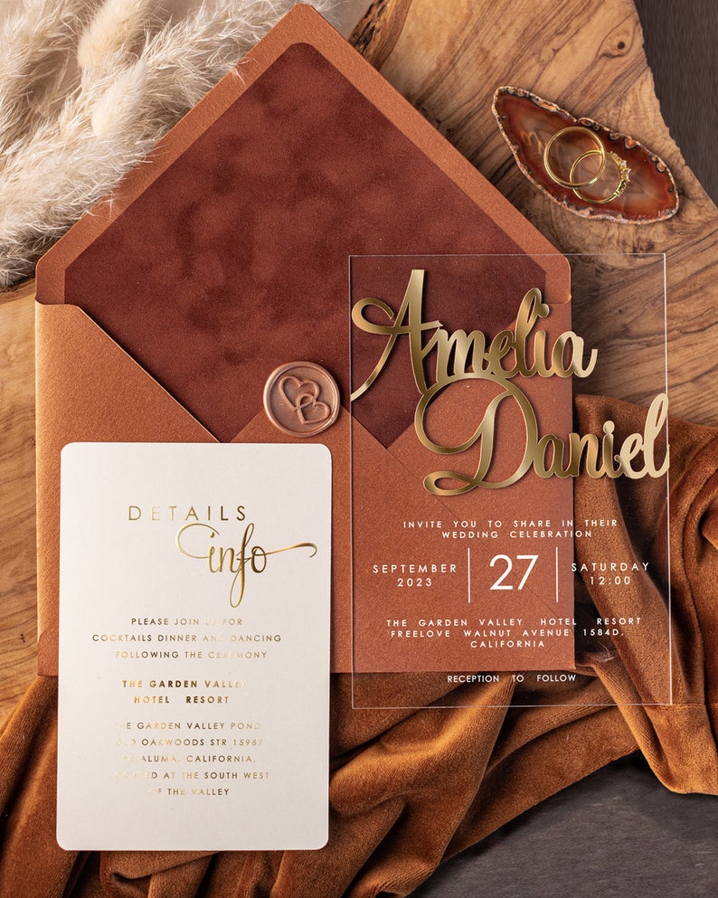 Gold Acrylic Wedding Invitations, Luxury Terracotta Wedding Invites Velvet, Elegant Acrylic Suite velvet Wedding Cards, Golden Stationery image 4