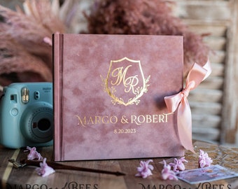 Blush Pink Golden Instax velvet Wedding GuestBook Gold, Large Instant Wedding Guest Book Pink Polaroid velvet Guestbook, PhotoBook Instax