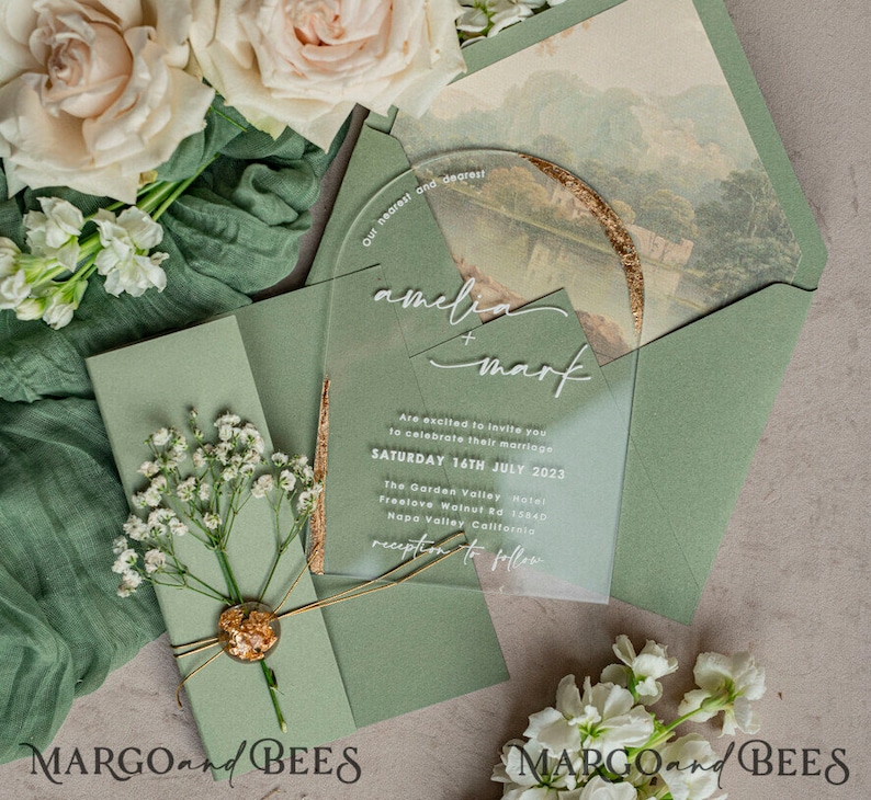 Arched Acrylic sage green golden Wedding Invitations, Elegant garden Wedding Cards, Baby Breath Plexi Gypsophila Wedding Invites, Natural