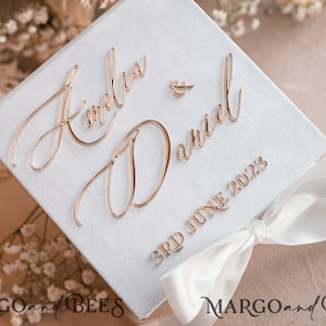 Pure White Ring Box for Wedding Ceremony 3 rings, White Golden velvet Wedding Ring Box, Glamour Wedding Ring Boxes his hers, dArch