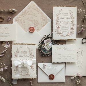 Fine Art Wedding Invitations, Deckled Golden Edge Wedding Invites, Floral Wreath Beige Wedding Invitation Suite, Vintage Wedding Cards