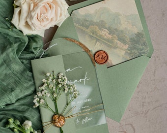 Faire-part de mariage arqué en acrylique vert sauge doré, cartes de mariage de jardin élégantes, faire-part de mariage en plexiglas et gypsophile bébé haleine, naturel