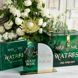 Green Acrylic Set Card Box Guestbook & Sign, Wedding Card Box with Lid Instant Instax Guestbook, Emerald Green Wedding Money Box, sGA