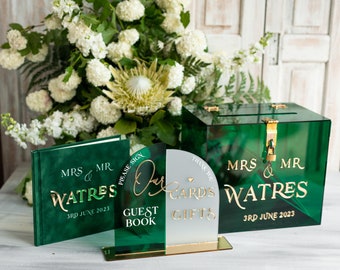 Green Acrylic Set Card Box Guestbook & Sign, Wedding Card Box with Lid Instant Instax Guestbook, Emerald Green Wedding Money Box, sGA