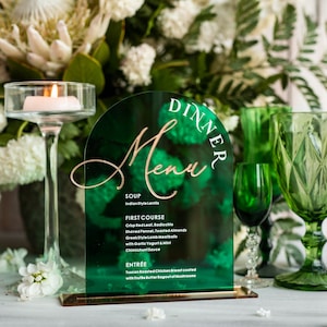 Acrylic Arch Green Table menu, Emerald Green Acrylic and gold Sign, Greenery Luxury Wedding Table Decor, Wedding Signage Golden mirror, sGA