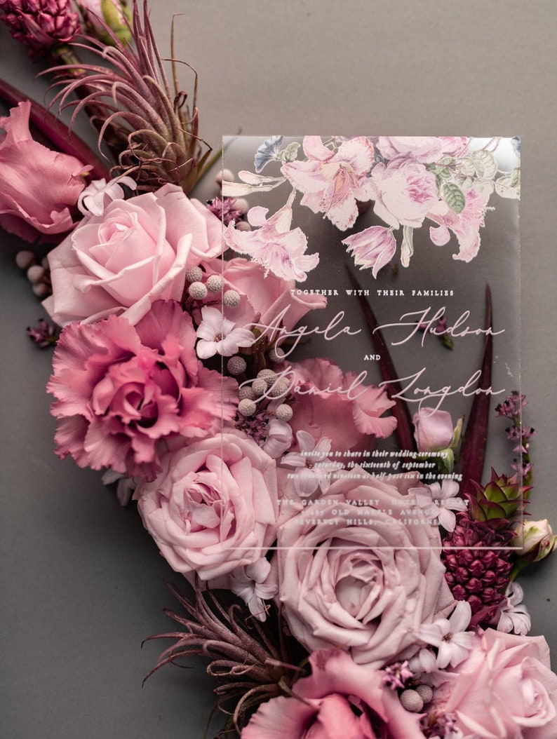 Elegant Floral Clear Acrylic Wedding Invitations, Luxury Pink  plexi glass Wedding Invites, Boho Elegant Acrylic invitation Suite blush pink