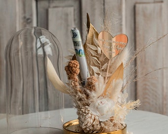 Geschenkschachtel für Geld Geldgeschenk zur Hochzeit mit Strauß aus Trockenblumen personalisiert Geschenk für Brautpaar Reagenzglas für Geld