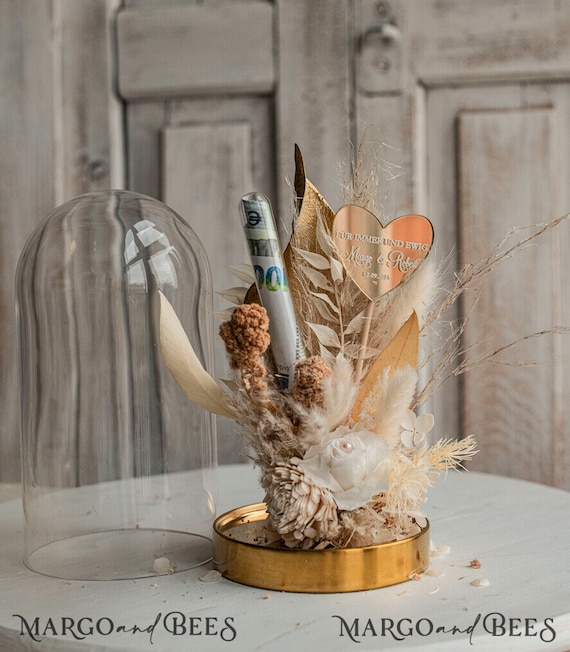 Geschenkschachtel für Geld Geldgeschenk zur Hochzeit mit Strauß aus Trockenblumen personalisiert Geschenk für Brautpaar Reagenzglas für Geld