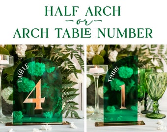 Acrylic Arch or half Arch Green Table Numbers, Emerald Green Acrylic and gold table numbers, Plexi Table Numbers, Greenery Wedding Sign, sGA