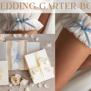 ensemble de jarretière de mariage dans la boîte, ensemble de jarretière quelque chose de bleu, quelque chose de bleu pour la mariée, ensemble de jarretière ivoire, jarretière de tulle avec des perles