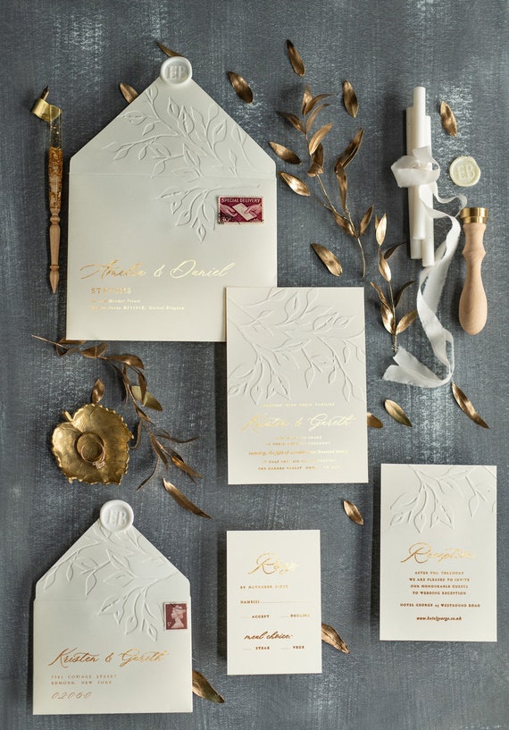 White Paper Invitation Card Box Featuring Gold Foil Stamped Custom Monogram  - Luxury Wedding Invitations, Handmade Invitations & Wedding Favors