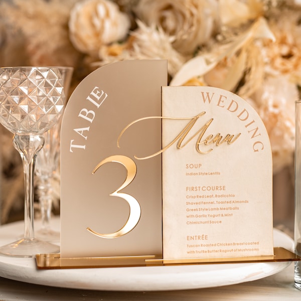 Acrylic Arch Table Number and dinner menu Combo, Ivory Velvet gold Sign, Gold Plexi Table Numbers and Menu Combo Luxury Wedding Table, IvS